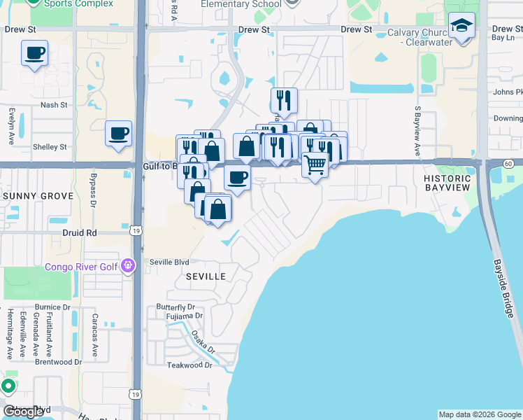 map of restaurants, bars, coffee shops, grocery stores, and more near 30 Cross Circle in Clearwater