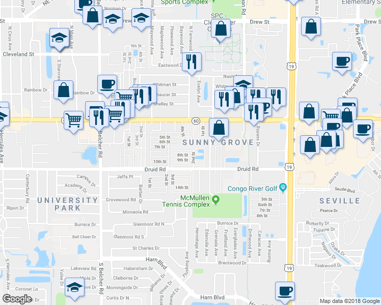 map of restaurants, bars, coffee shops, grocery stores, and more near 2419 Gulf to Bay Boulevard in Clearwater