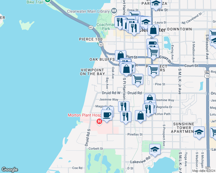 map of restaurants, bars, coffee shops, grocery stores, and more near 192 Pine Street in Clearwater