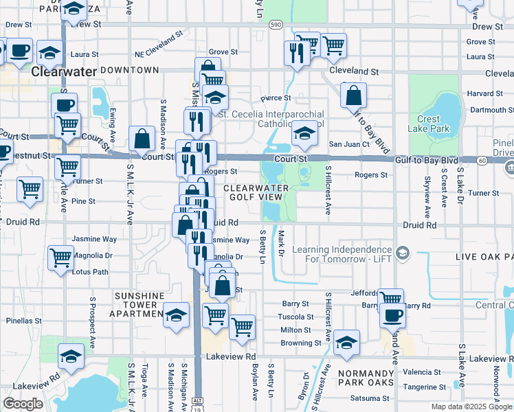 map of restaurants, bars, coffee shops, grocery stores, and more near 620 South Betty Lane in Clearwater
