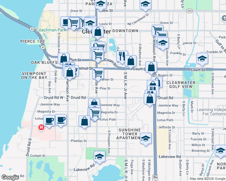 map of restaurants, bars, coffee shops, grocery stores, and more near 902 Pine Street in Clearwater