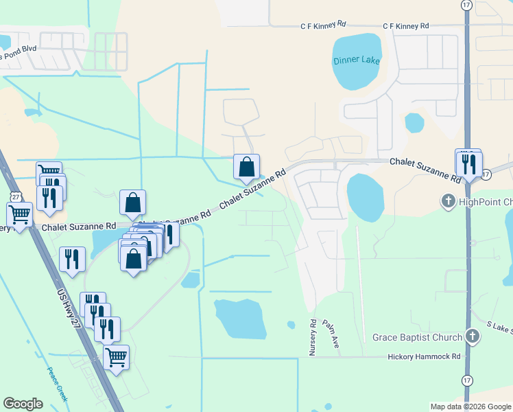 map of restaurants, bars, coffee shops, grocery stores, and more near 547-573 Chalet Suzanne Road in Lake Wales
