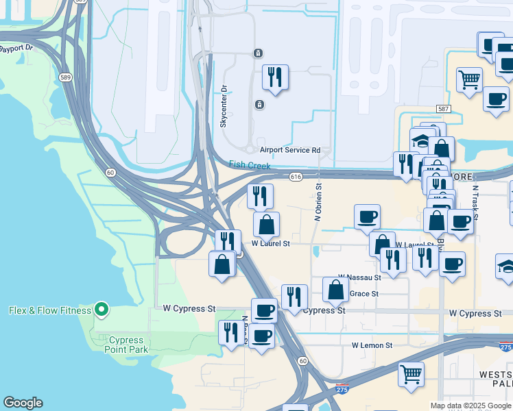 map of restaurants, bars, coffee shops, grocery stores, and more near 3507 Interstate 275 Frontage Road East in Tampa