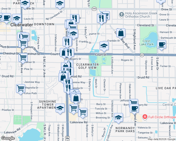 map of restaurants, bars, coffee shops, grocery stores, and more near 620 South Betty Lane in Clearwater