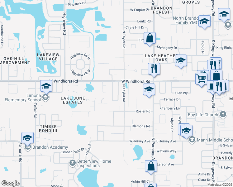 map of restaurants, bars, coffee shops, grocery stores, and more near 1204 East Camellia Drive in Brandon