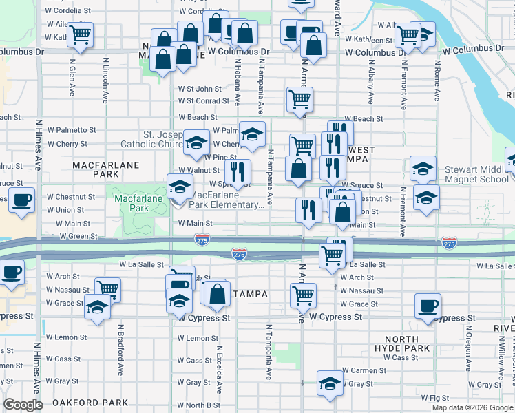 map of restaurants, bars, coffee shops, grocery stores, and more near 2722 West Chestnut Street in Tampa