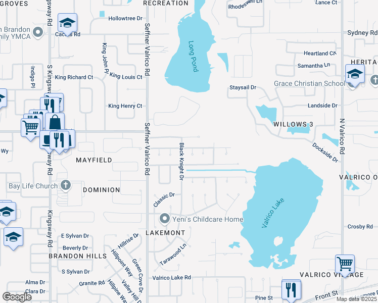 map of restaurants, bars, coffee shops, grocery stores, and more near 1204 Lake Valrico Lane in Valrico