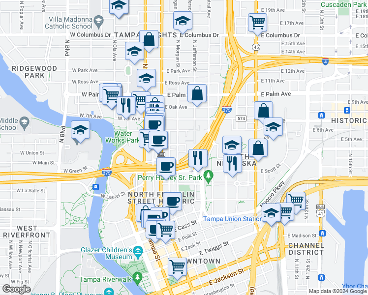 map of restaurants, bars, coffee shops, grocery stores, and more near 1531 North Morgan Street in Tampa