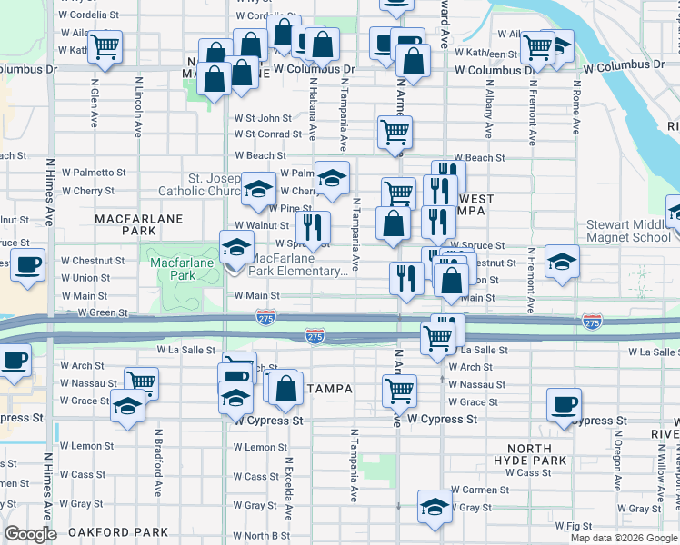 map of restaurants, bars, coffee shops, grocery stores, and more near 2722 West Chestnut Street in Tampa