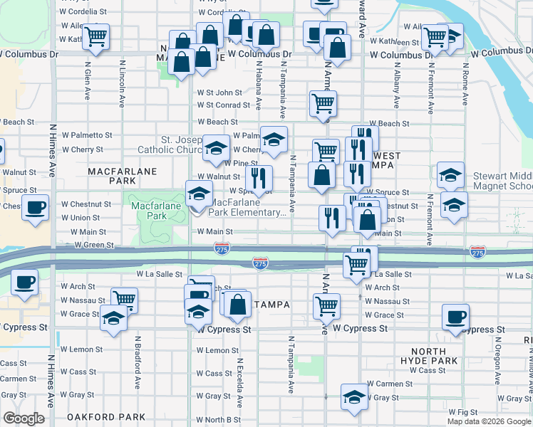 map of restaurants, bars, coffee shops, grocery stores, and more near 2722 West Chestnut Street in Tampa