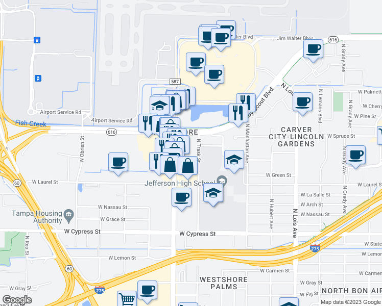 map of restaurants, bars, coffee shops, grocery stores, and more near 1805 North Westshore Boulevard in Tampa