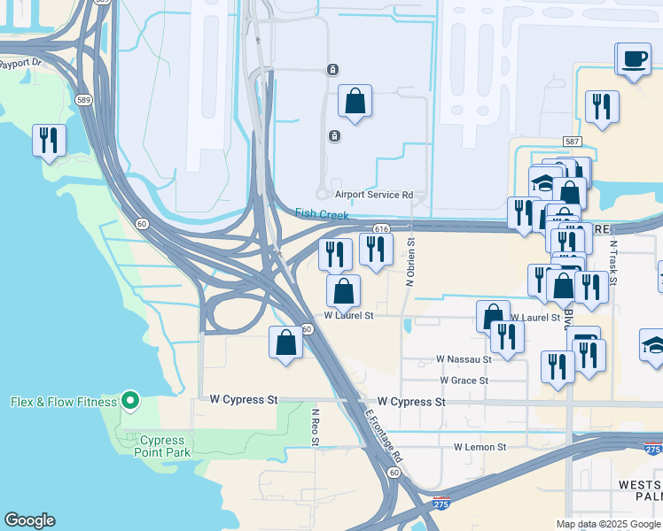 map of restaurants, bars, coffee shops, grocery stores, and more near Interstate 275 Frontage Road East in Tampa
