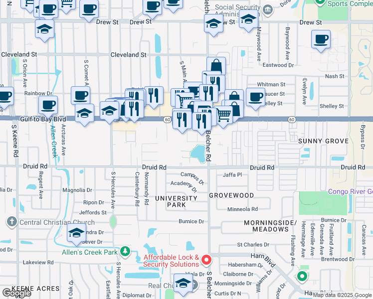 map of restaurants, bars, coffee shops, grocery stores, and more near 2168 Druid Road in Clearwater