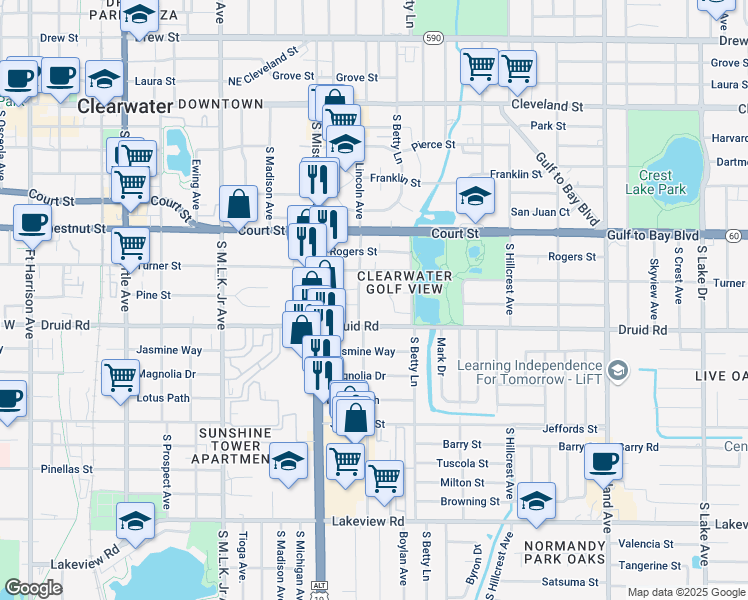 map of restaurants, bars, coffee shops, grocery stores, and more near 610 Sally Lane South in Clearwater