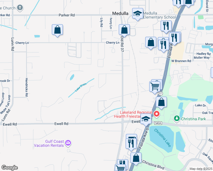 map of restaurants, bars, coffee shops, grocery stores, and more near 1143 Old South Drive in Lakeland