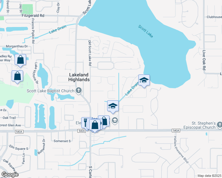 map of restaurants, bars, coffee shops, grocery stores, and more near 1153 Colony Arms Drive in Lakeland