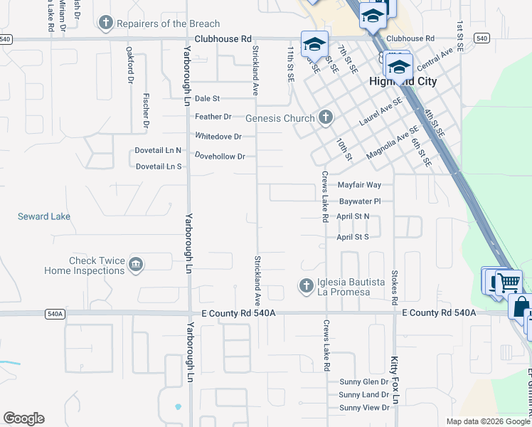 map of restaurants, bars, coffee shops, grocery stores, and more near 5910 Strickland Avenue in Lakeland