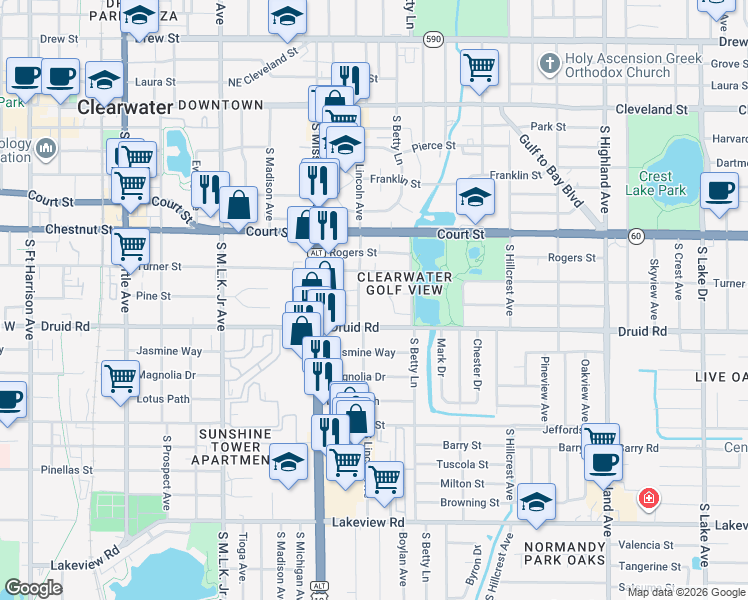 map of restaurants, bars, coffee shops, grocery stores, and more near 610 Sally Lane South in Clearwater