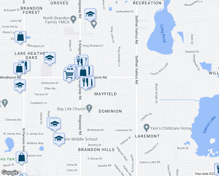 map of restaurants, bars, coffee shops, grocery stores, and more near 839 Greenbelt Circle in Brandon