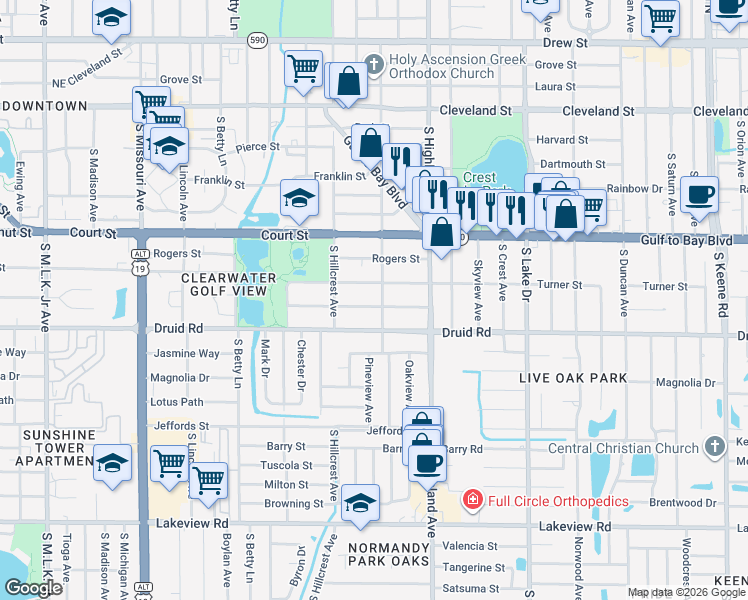 map of restaurants, bars, coffee shops, grocery stores, and more near 1432 Pine Street in Clearwater