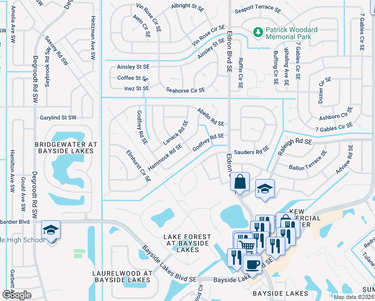 map of restaurants, bars, coffee shops, grocery stores, and more near 1580 Southeast Dorsett Lane in Palm Bay