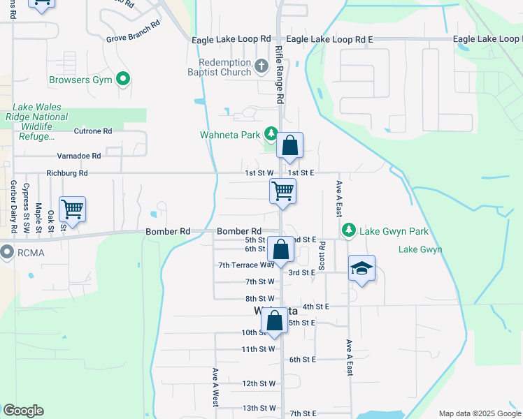 map of restaurants, bars, coffee shops, grocery stores, and more near 106 2nd Terrace West in Winter Haven