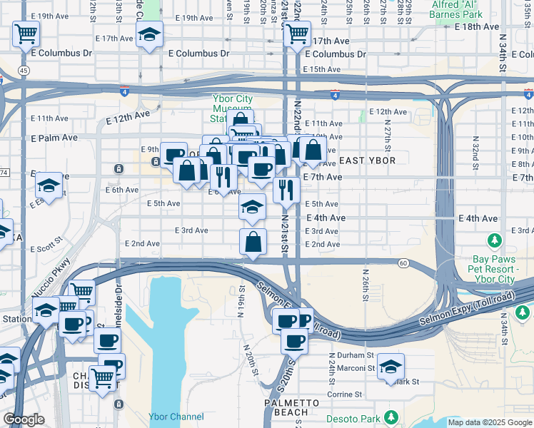 map of restaurants, bars, coffee shops, grocery stores, and more near 1921 East 5th Avenue in Tampa