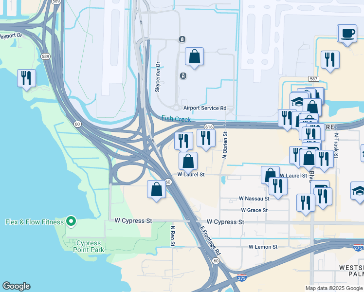 map of restaurants, bars, coffee shops, grocery stores, and more near 3507 East Frontage Road in Tampa