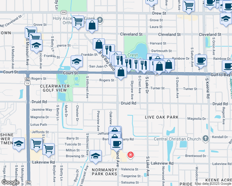 map of restaurants, bars, coffee shops, grocery stores, and more near 1466 Pine Street in Clearwater