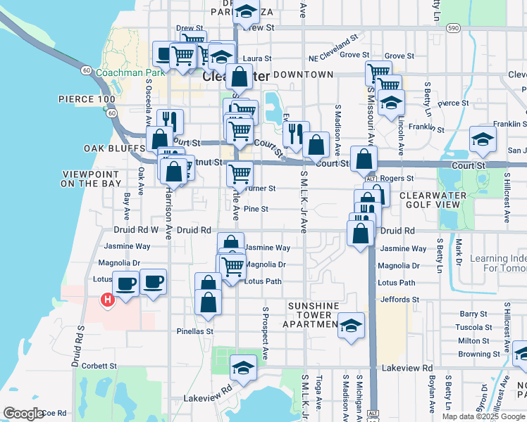 map of restaurants, bars, coffee shops, grocery stores, and more near 902 Pine Street in Clearwater