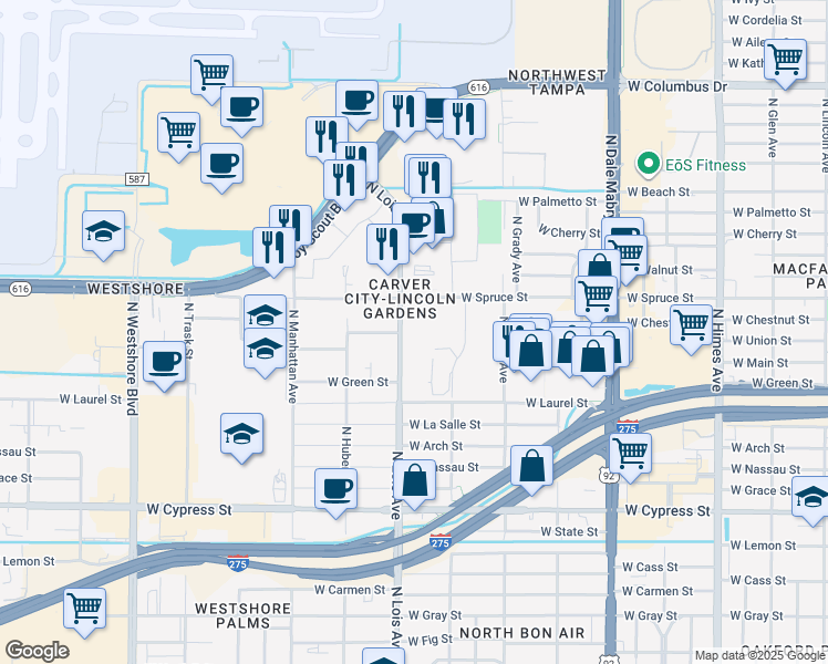 map of restaurants, bars, coffee shops, grocery stores, and more near 1903 North Lois Avenue in Tampa
