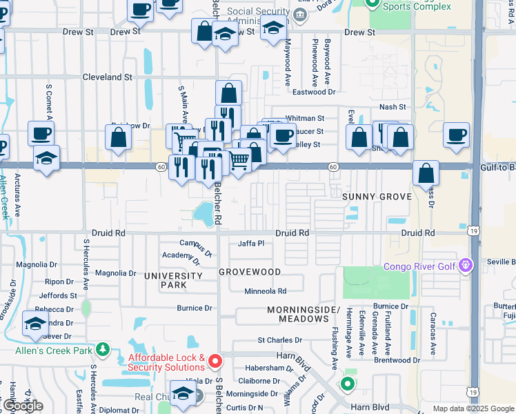 map of restaurants, bars, coffee shops, grocery stores, and more near 323 3rd Street in Clearwater