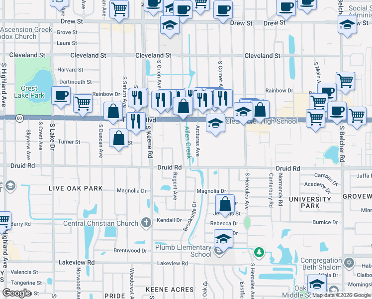 map of restaurants, bars, coffee shops, grocery stores, and more near 609 Brookside Drive in Clearwater