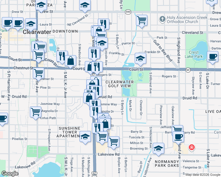 map of restaurants, bars, coffee shops, grocery stores, and more near 610 Sally Lane South in Clearwater