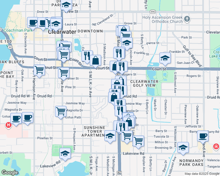 map of restaurants, bars, coffee shops, grocery stores, and more near 1140 North Pine Street in Clearwater