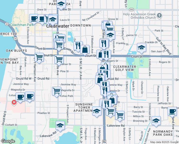 map of restaurants, bars, coffee shops, grocery stores, and more near 1140 North Pine Street in Clearwater
