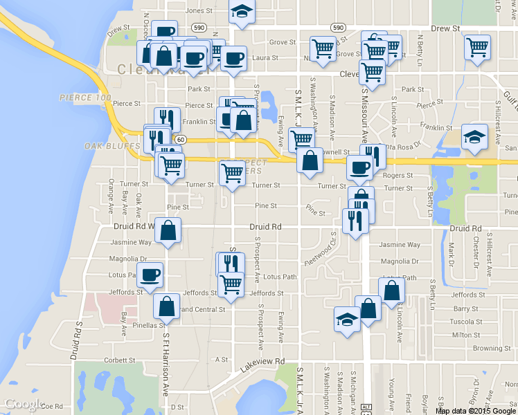 map of restaurants, bars, coffee shops, grocery stores, and more near 902 Pine Street in Clearwater