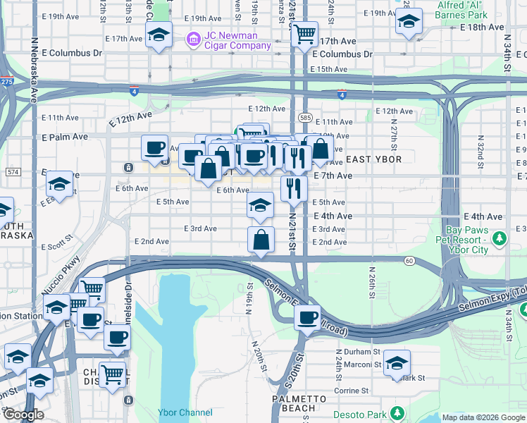 map of restaurants, bars, coffee shops, grocery stores, and more near 1921 East 5th Avenue in Tampa