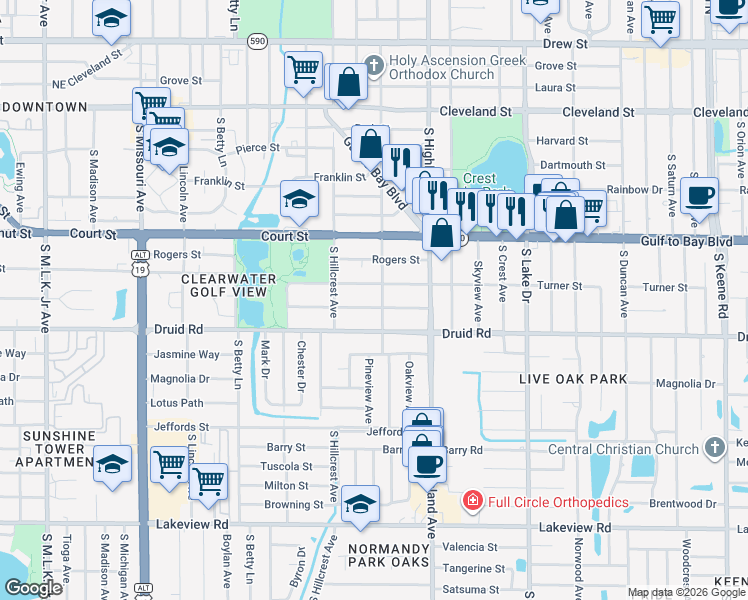 map of restaurants, bars, coffee shops, grocery stores, and more near 1432 Pine Street in Clearwater