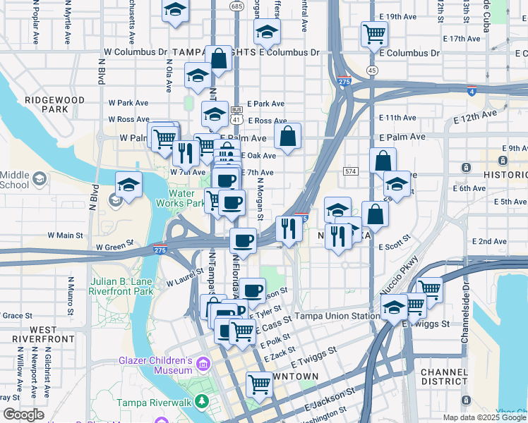 map of restaurants, bars, coffee shops, grocery stores, and more near 1531 North Morgan Street in Tampa