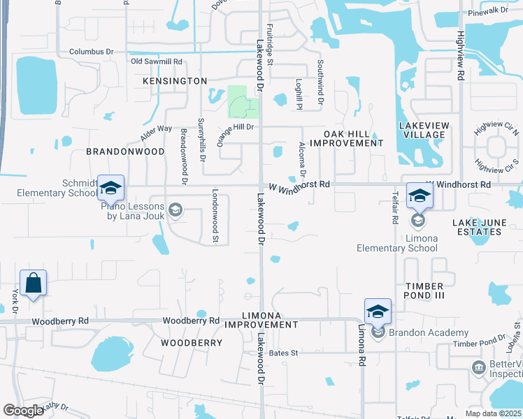 map of restaurants, bars, coffee shops, grocery stores, and more near Lakewood Drive in Brandon