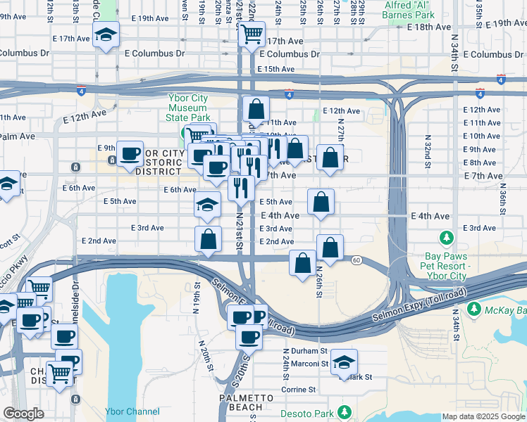 map of restaurants, bars, coffee shops, grocery stores, and more near 2216 East 4th Avenue in Tampa