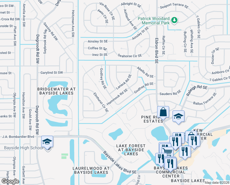 map of restaurants, bars, coffee shops, grocery stores, and more near 220 Lanack Road Southeast in Palm Bay