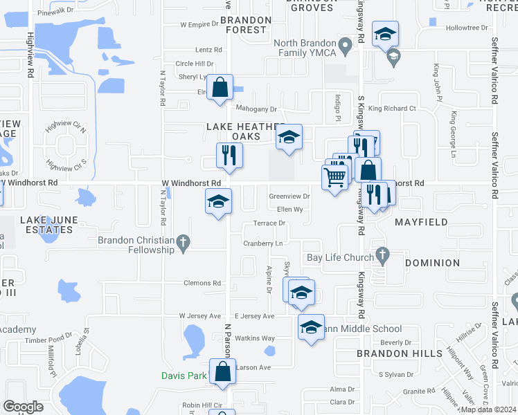 map of restaurants, bars, coffee shops, grocery stores, and more near 1224 Lorie Circle in Brandon