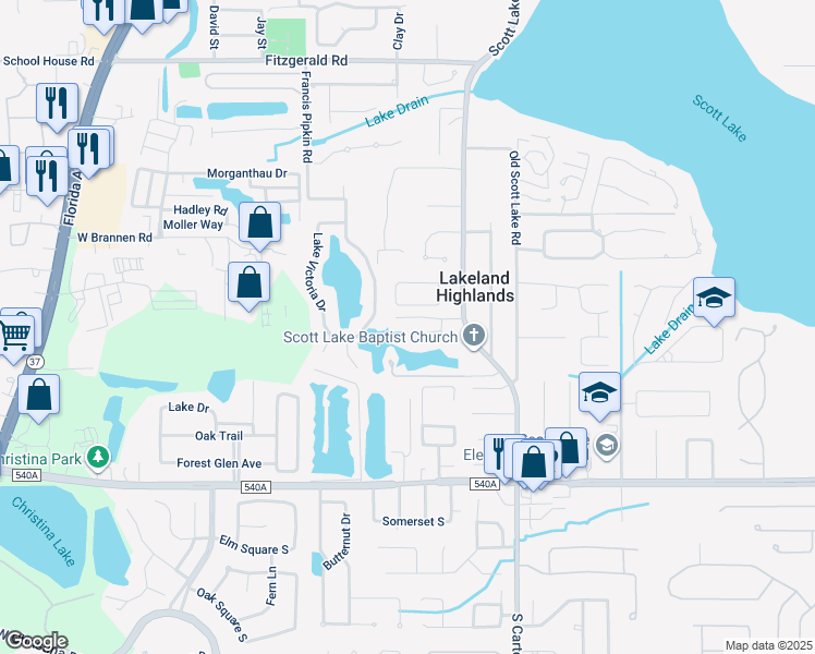 map of restaurants, bars, coffee shops, grocery stores, and more near 767 Lake Cove Drive in Lakeland