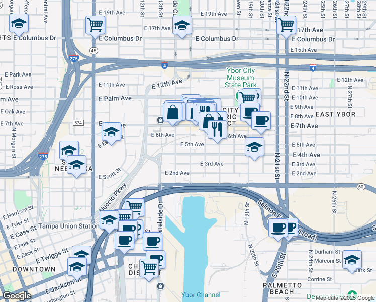 map of restaurants, bars, coffee shops, grocery stores, and more near 1510 North 15th Street in Tampa