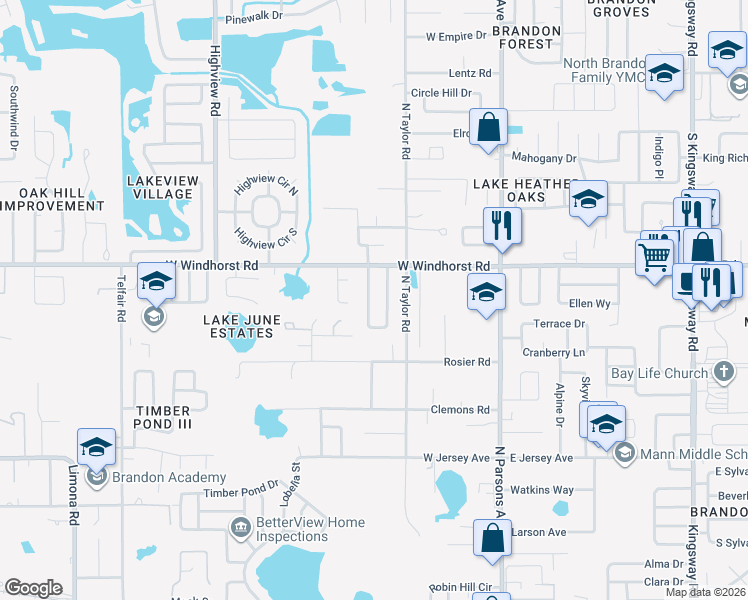 map of restaurants, bars, coffee shops, grocery stores, and more near 1205 East Camellia Drive in Brandon