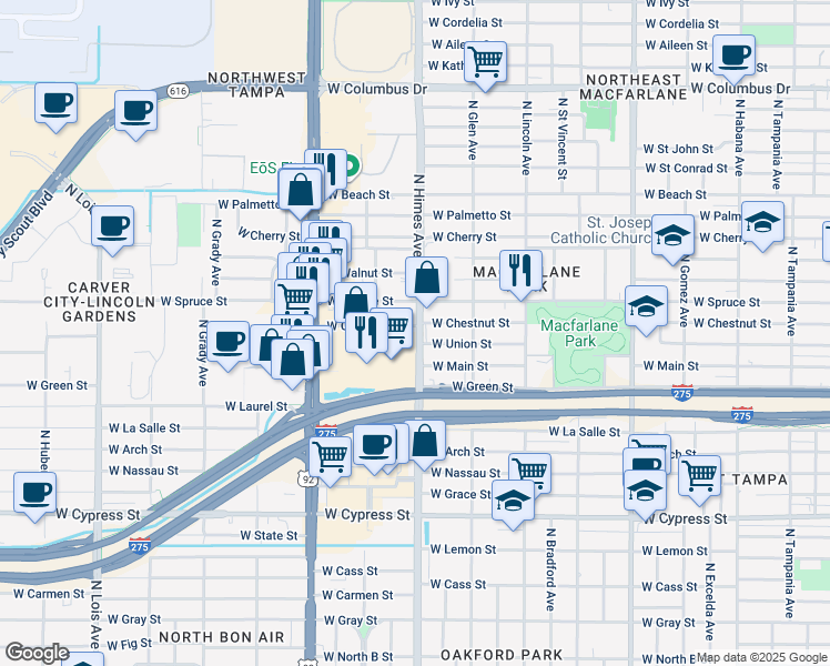 map of restaurants, bars, coffee shops, grocery stores, and more near 3614 West Chestnut Street in Tampa