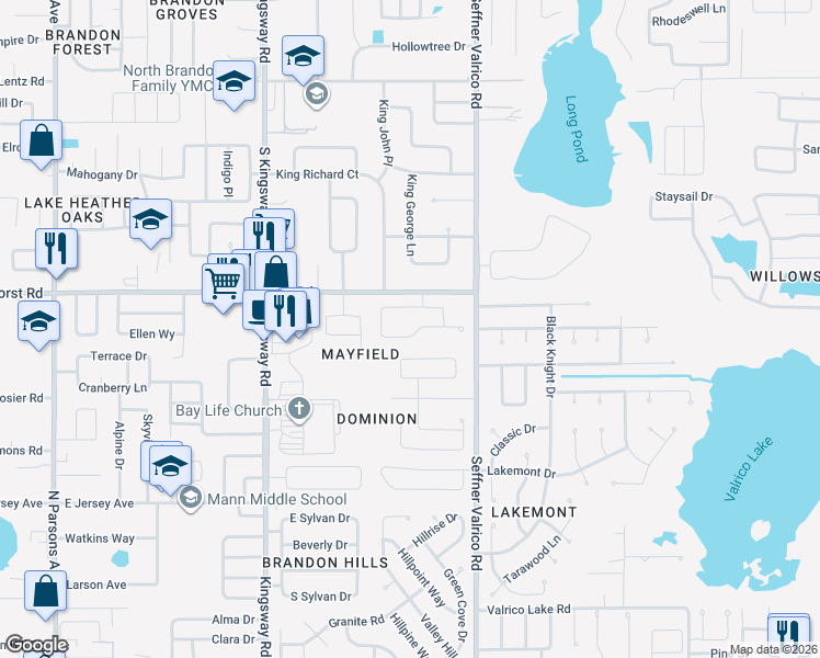 map of restaurants, bars, coffee shops, grocery stores, and more near 902 Greenbelt Circle in Brandon