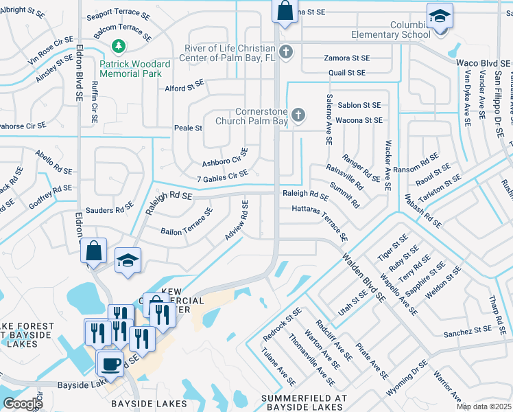 map of restaurants, bars, coffee shops, grocery stores, and more near 1520 Andrus Avenue Southeast in Palm Bay